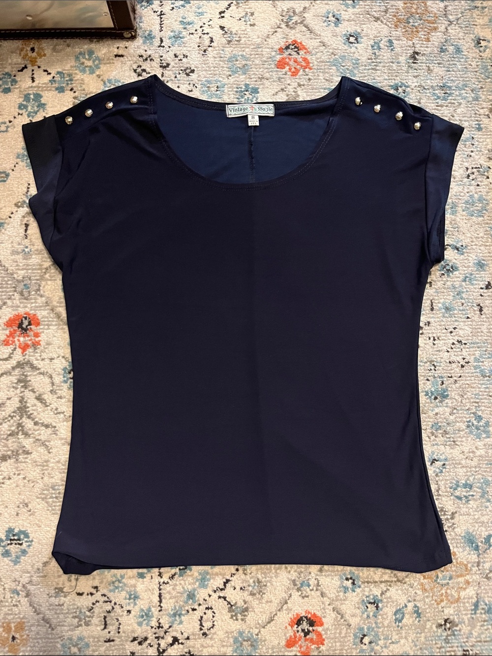 Vintage Suzie Navy Short Sleeve Top with Shoulder Studs